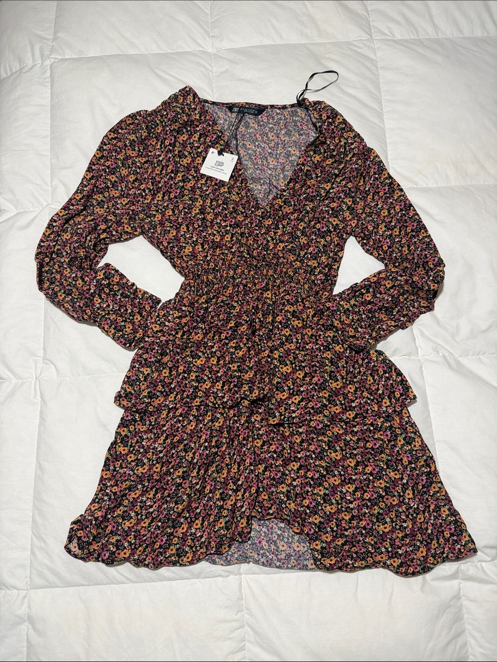 Zara Multicolor Floral V-Neck Smocked Waist Long Sleeve Dress
